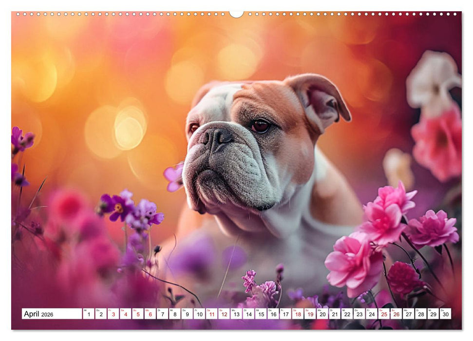 Englische Bulldoggen im Blütenmeer (CALVENDO Premium Wandkalender 2026)