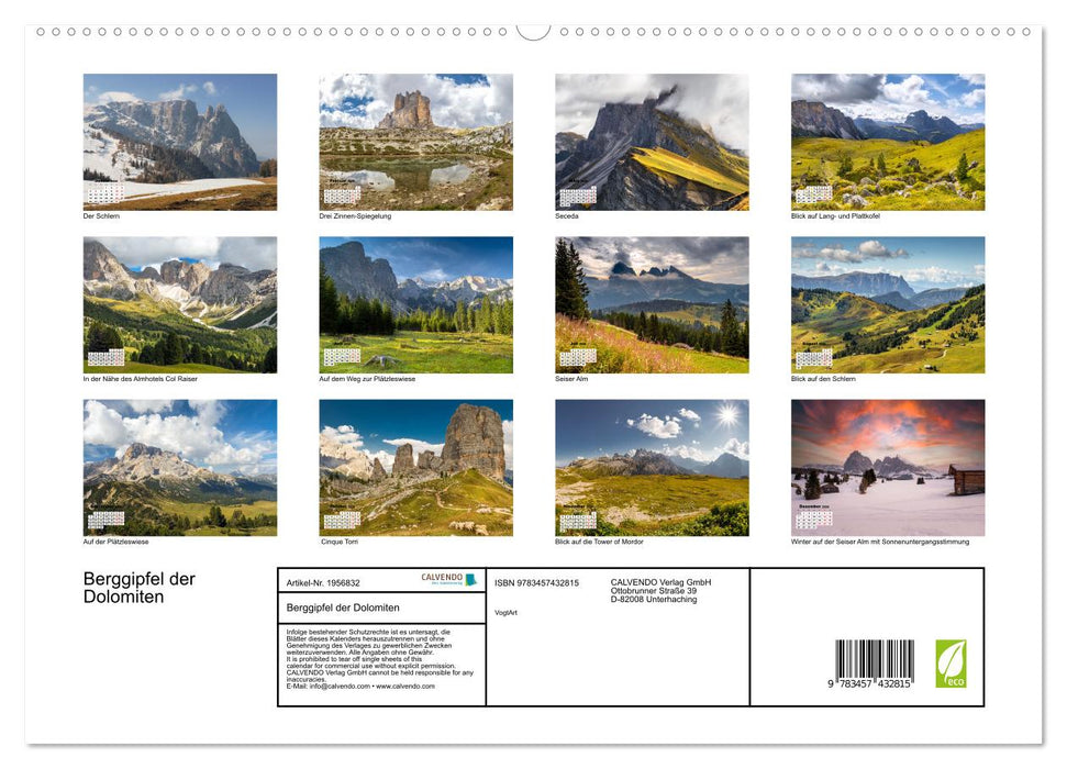 Berggipfel der Dolomiten (CALVENDO Premium Wandkalender 2026)
