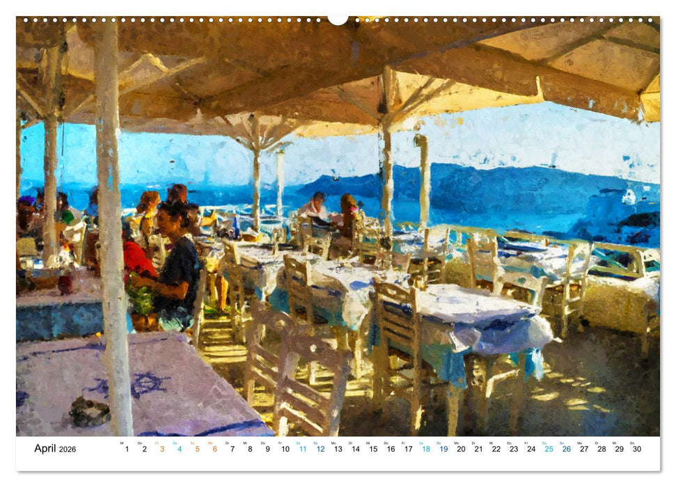 Urlaub auf Santorin - Gemalte Ansichten der Kykladeninsel (CALVENDO Premium Wandkalender 2026)