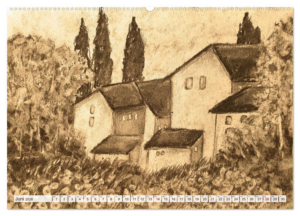 Pausen für deine Seele - Seelenlandschaften in Sepia - Ein Jahr der Ruhe mit Kohlezeichnungen (CALVENDO Wandkalender 2026)