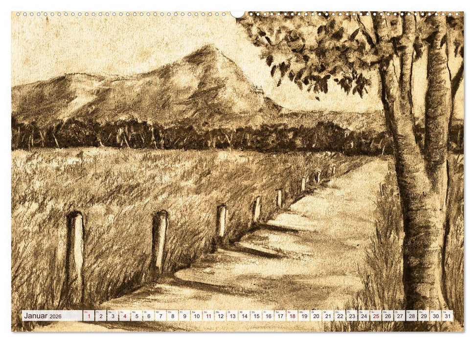 Pausen für deine Seele - Seelenlandschaften in Sepia - Ein Jahr der Ruhe mit Kohlezeichnungen (CALVENDO Premium Wandkalender 2026)
