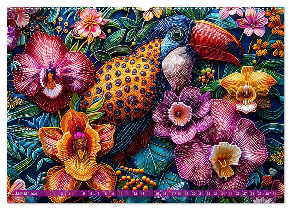 Perlenstickerei - Stickkunst tropischer Tiere mit Garn und Perlen (CALVENDO Wandkalender 2026)