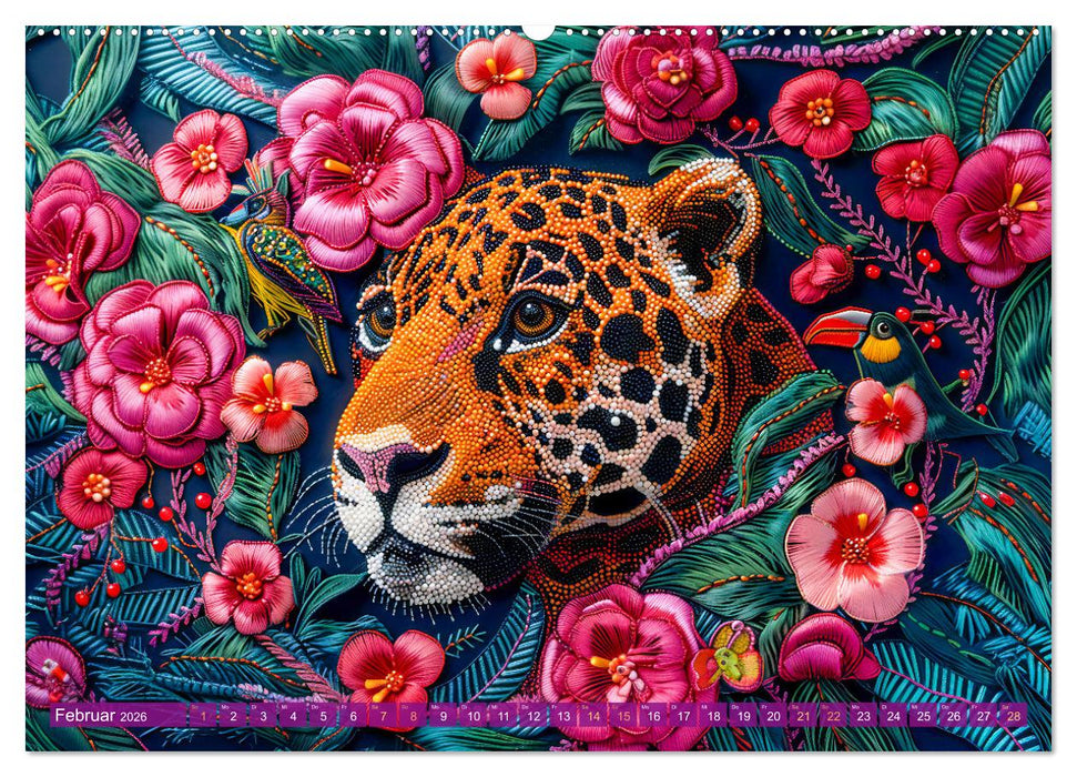 Perlenstickerei - Stickkunst tropischer Tiere mit Garn und Perlen (CALVENDO Premium Wandkalender 2026)
