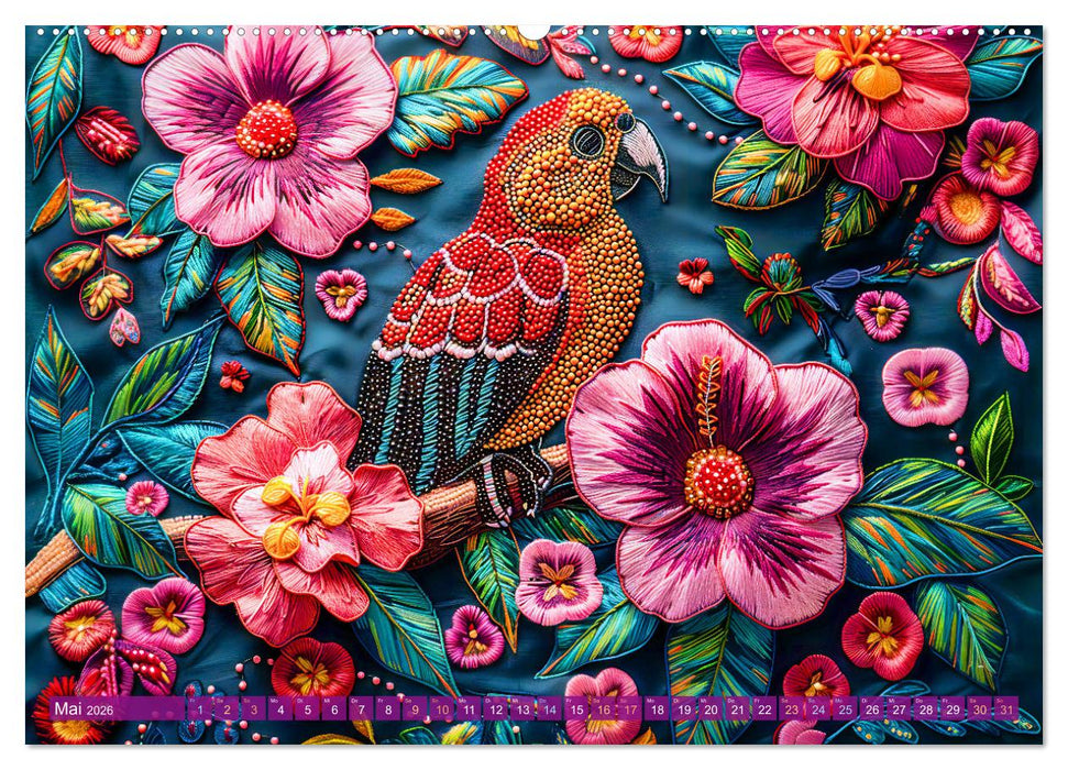 Perlenstickerei - Stickkunst tropischer Tiere mit Garn und Perlen (CALVENDO Premium Wandkalender 2026)