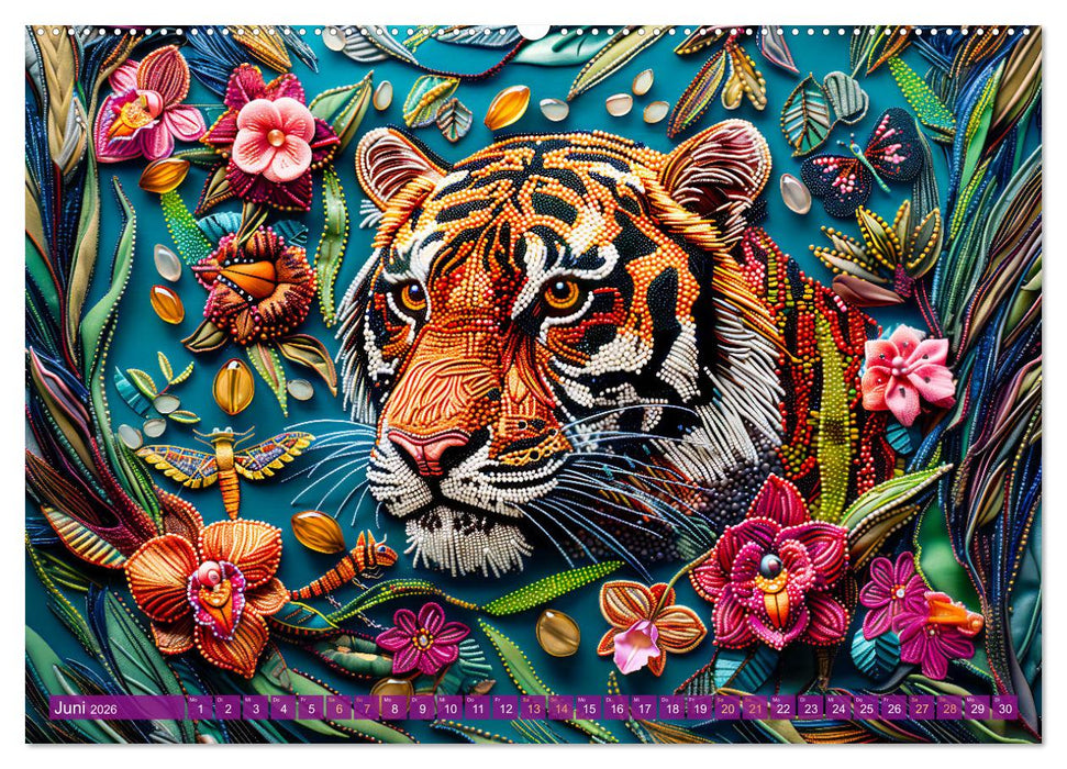 Perlenstickerei - Stickkunst tropischer Tiere mit Garn und Perlen (CALVENDO Premium Wandkalender 2026)