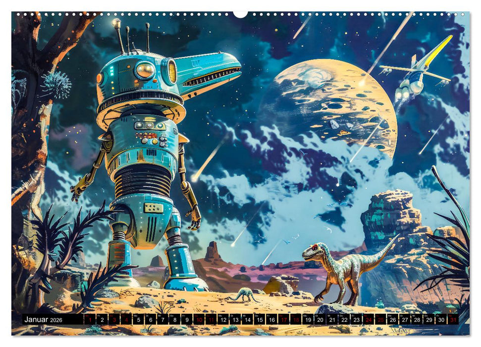 Dinosaurier Sci-Fi - Kampf der Urzeitgiganten im Weltall (CALVENDO Wandkalender 2026)