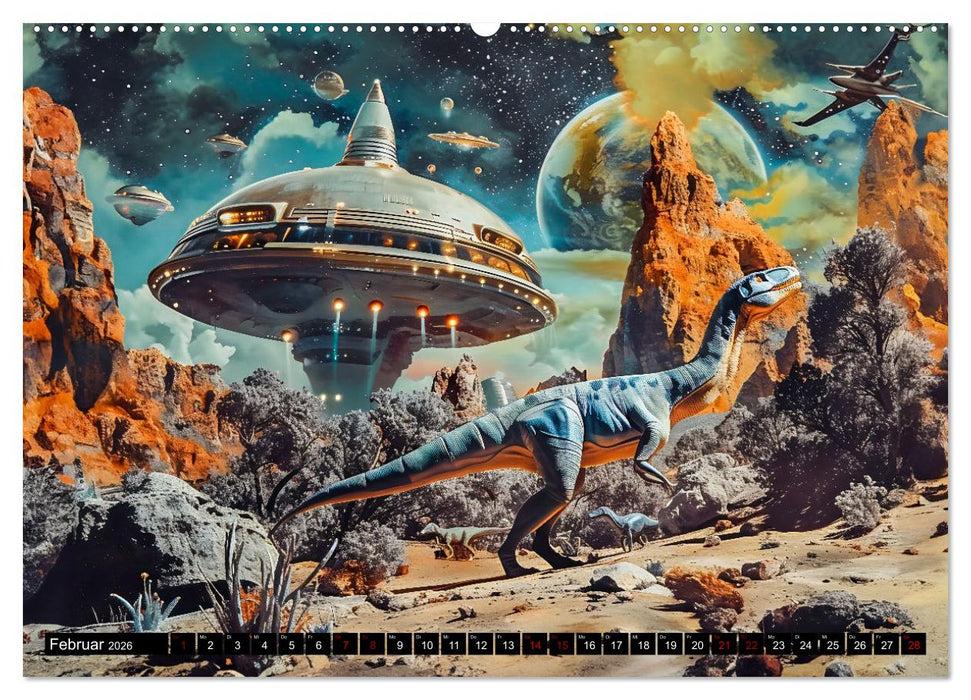 Dinosaurier Sci-Fi - Kampf der Urzeitgiganten im Weltall (CALVENDO Wandkalender 2026)