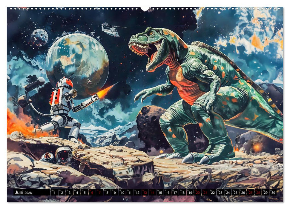 Dinosaurier Sci-Fi - Kampf der Urzeitgiganten im Weltall (CALVENDO Wandkalender 2026)