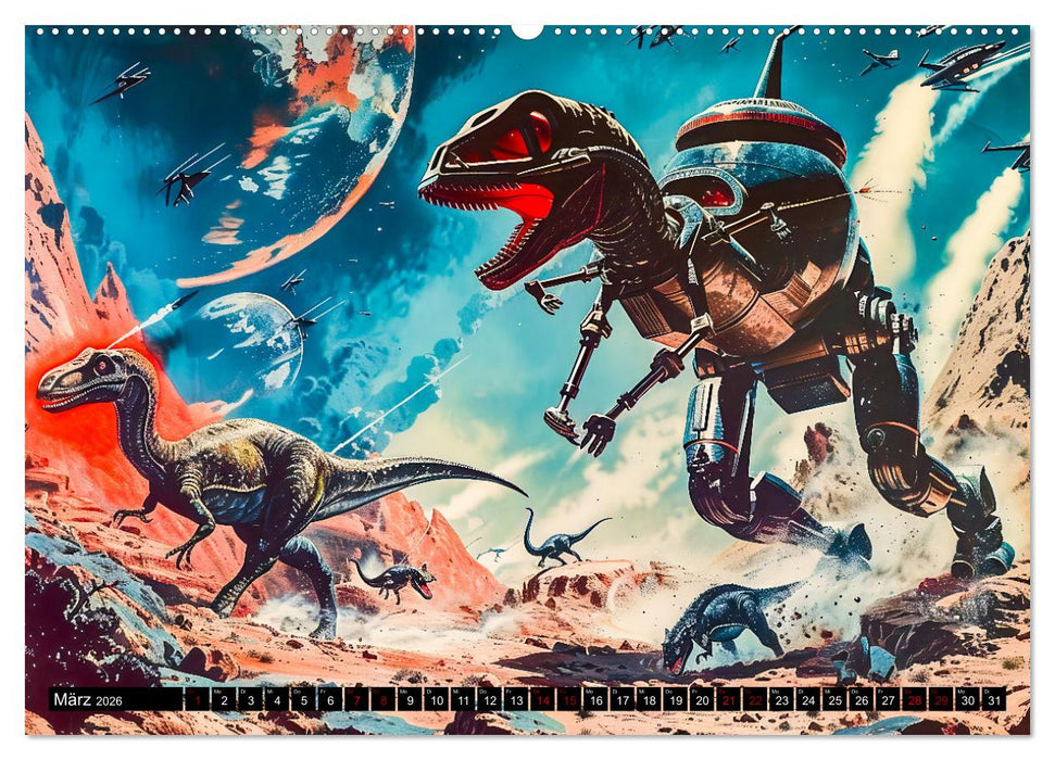 Dinosaurier Sci-Fi - Kampf der Urzeitgiganten im Weltall (CALVENDO Premium Wandkalender 2026)