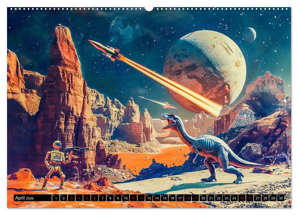 Dinosaurier Sci-Fi - Kampf der Urzeitgiganten im Weltall (CALVENDO Premium Wandkalender 2026)