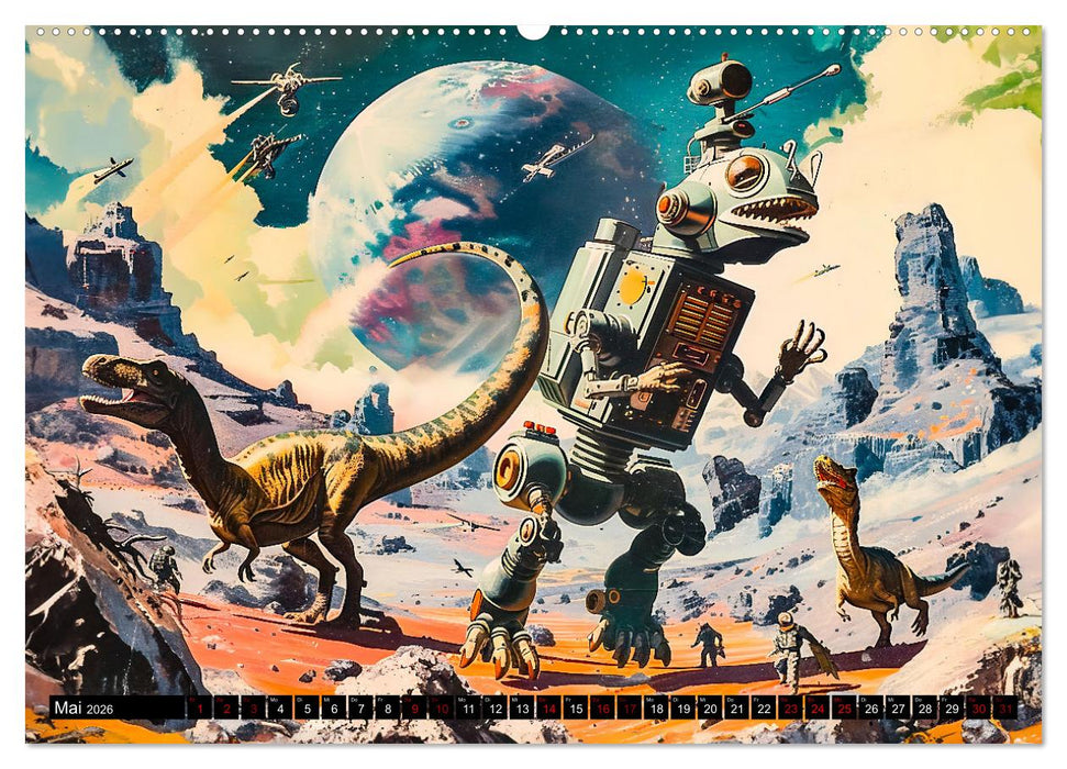 Dinosaurier Sci-Fi - Kampf der Urzeitgiganten im Weltall (CALVENDO Premium Wandkalender 2026)