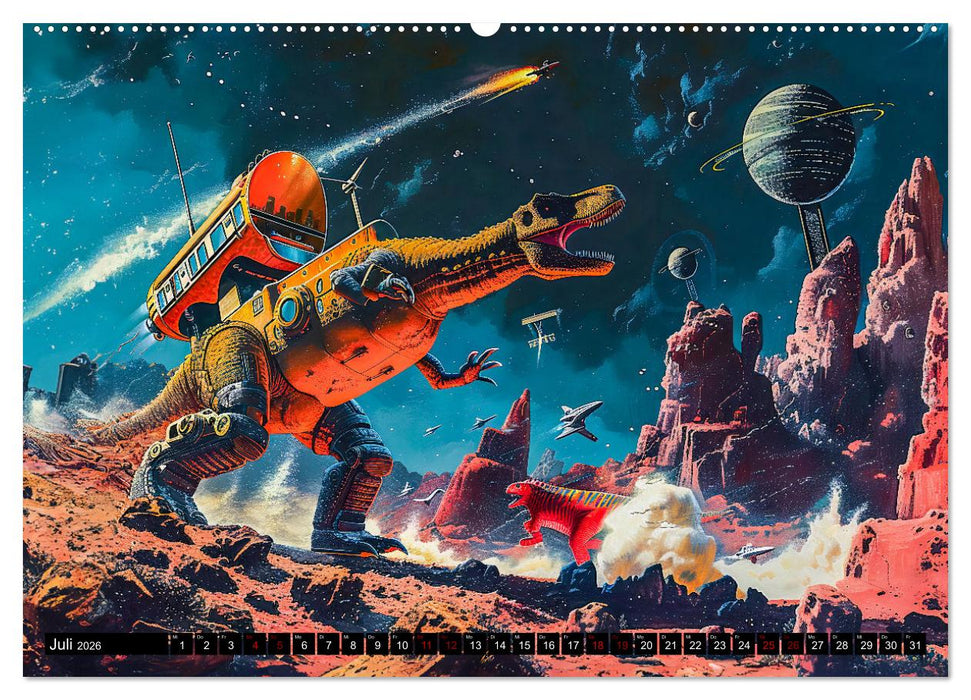 Dinosaurier Sci-Fi - Kampf der Urzeitgiganten im Weltall (CALVENDO Premium Wandkalender 2026)