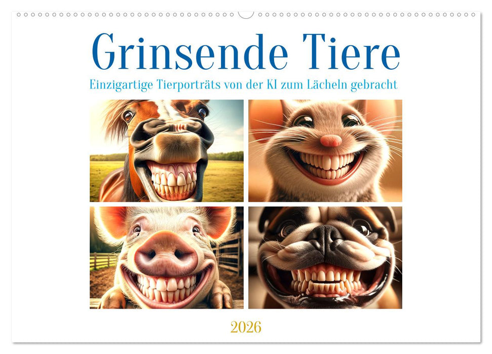 Grinsende Tiere - Tierporträts von der KI zum Lächeln gebracht (CALVENDO Wandkalender 2026)