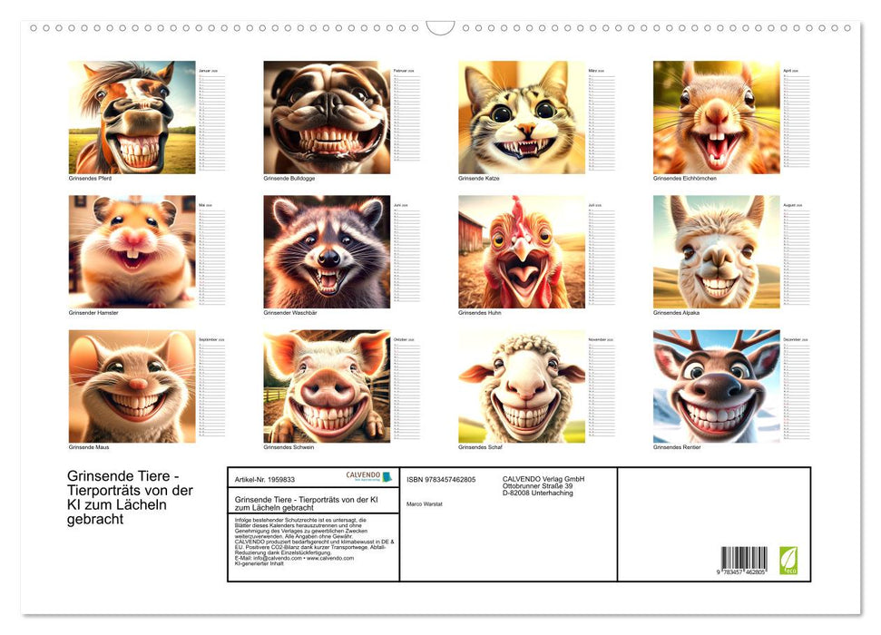 Grinsende Tiere - Tierporträts von der KI zum Lächeln gebracht (CALVENDO Wandkalender 2026)