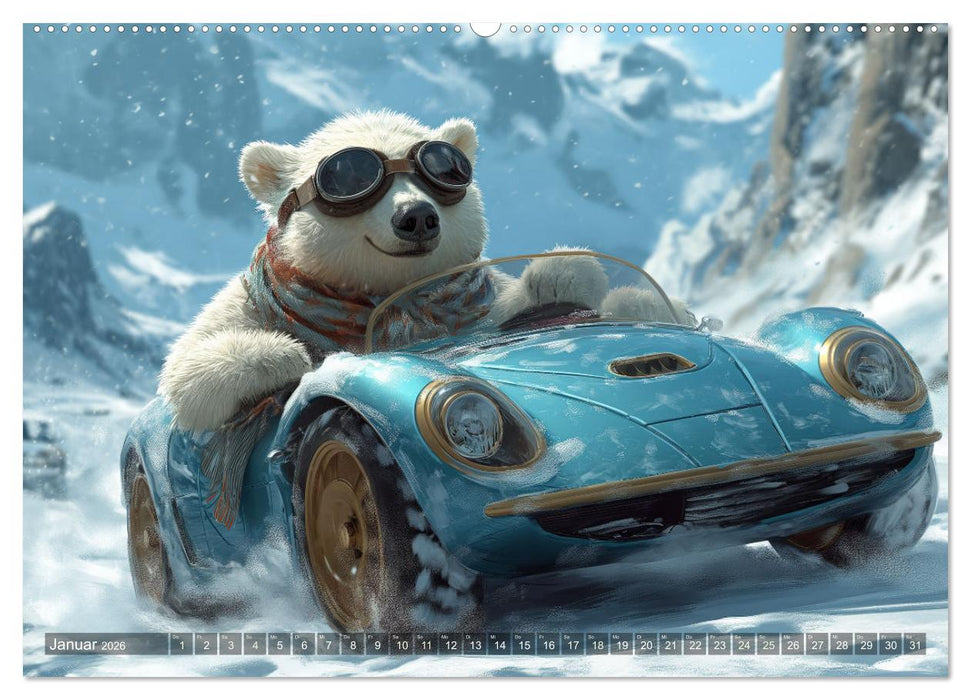 Tierische Rennfahrer - Mit Tieren im Oldtimer durch das Jahr (CALVENDO Premium Wandkalender 2026)