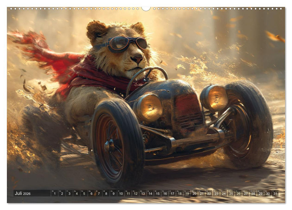 Tierische Rennfahrer - Mit Tieren im Oldtimer durch das Jahr (CALVENDO Premium Wandkalender 2026)