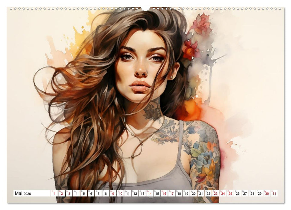 Tattoo trifft Kunst - Starke Tattoos treffen auf sanftes Aquarell (CALVENDO Wandkalender 2026)