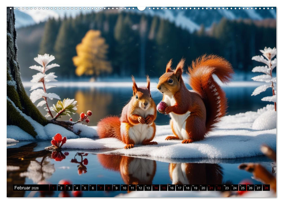 Rote Eichhörnchen - zauberhaft anders mit KI (CALVENDO Premium Wandkalender 2026)