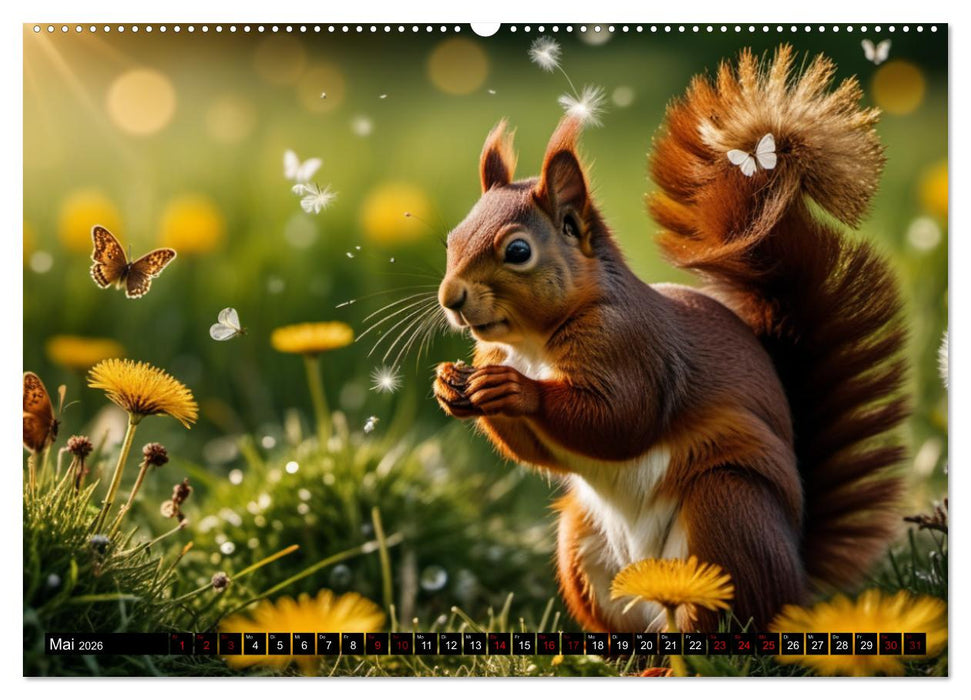 Rote Eichhörnchen - zauberhaft anders mit KI (CALVENDO Premium Wandkalender 2026)