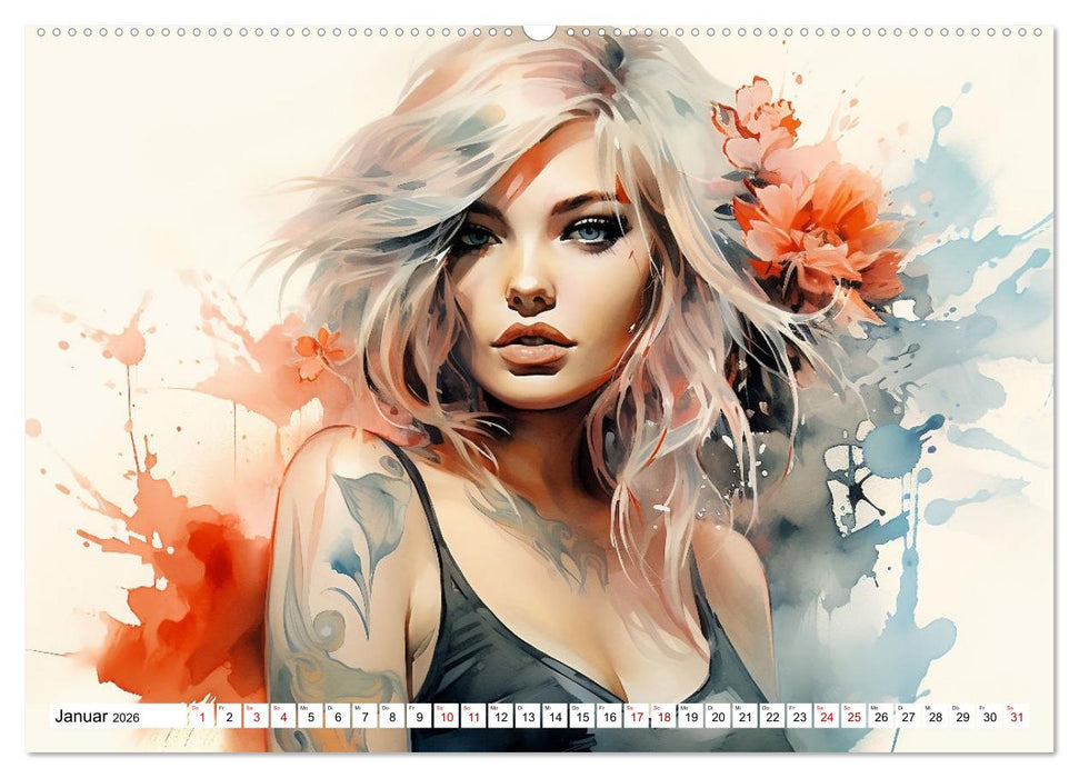 Tattoo trifft Kunst - Starke Tattoos treffen auf sanftes Aquarell (CALVENDO Premium Wandkalender 2026)
