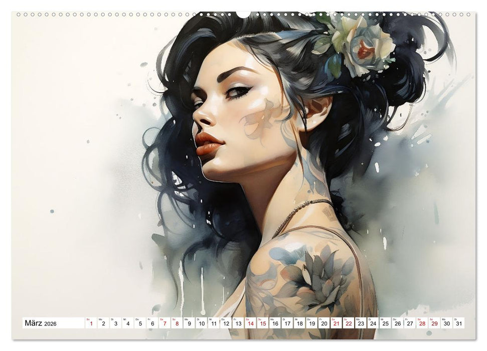 Tattoo trifft Kunst - Starke Tattoos treffen auf sanftes Aquarell (CALVENDO Premium Wandkalender 2026)