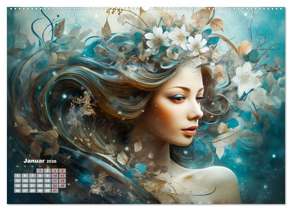 Blütenzauber - Farbenfrohe Illustrationen der Göttin Flora (CALVENDO Wandkalender 2026)