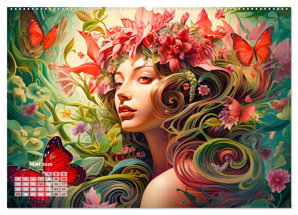 Blütenzauber - Farbenfrohe Illustrationen der Göttin Flora (CALVENDO Wandkalender 2026)