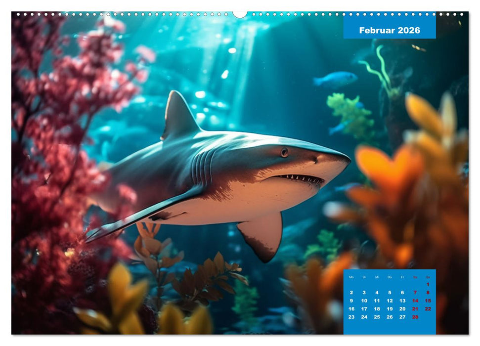 Stille Giganten - KI-generierte Hai-Impressionen (CALVENDO Wandkalender 2026)