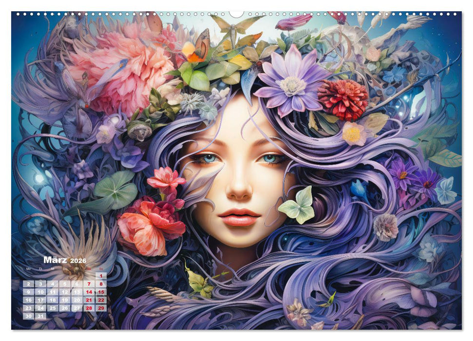 Blütenzauber - Farbenfrohe Illustrationen der Göttin Flora (CALVENDO Premium Wandkalender 2026)