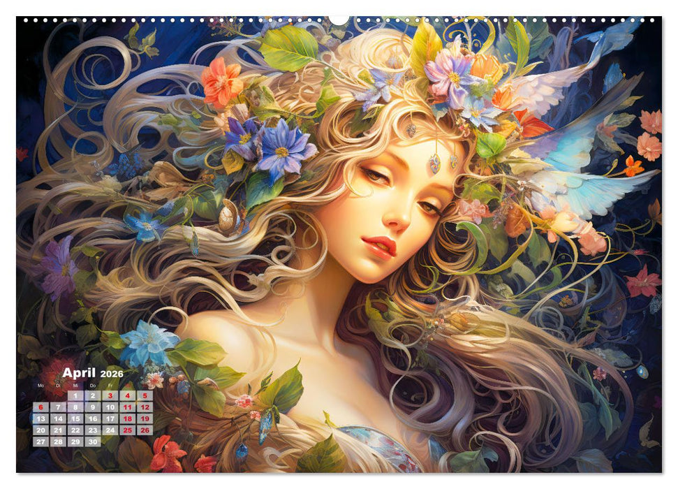 Blütenzauber - Farbenfrohe Illustrationen der Göttin Flora (CALVENDO Premium Wandkalender 2026)