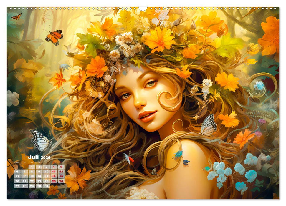 Blütenzauber - Farbenfrohe Illustrationen der Göttin Flora (CALVENDO Premium Wandkalender 2026)