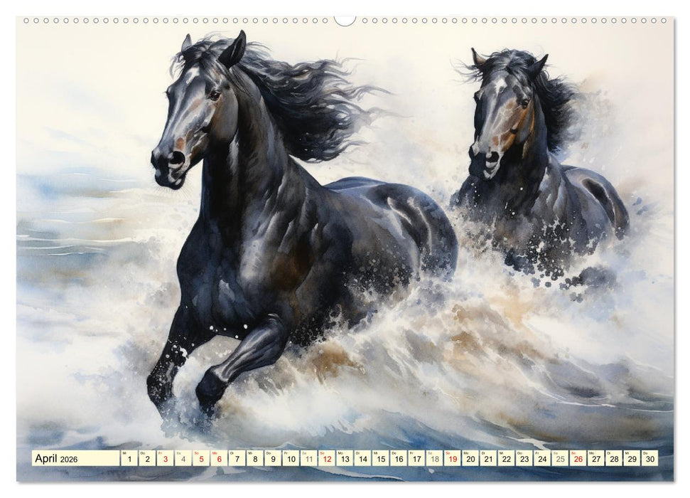 Pferde. Romantische Aquarelle von schwarzen Schönheiten (CALVENDO Wandkalender 2026)