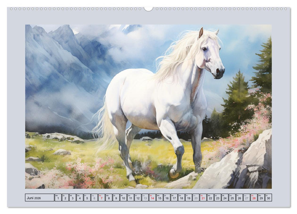 Anmutige Schimmel. Ästhetik weißer Aquarell-Pferde (CALVENDO Premium Wandkalender 2026)
