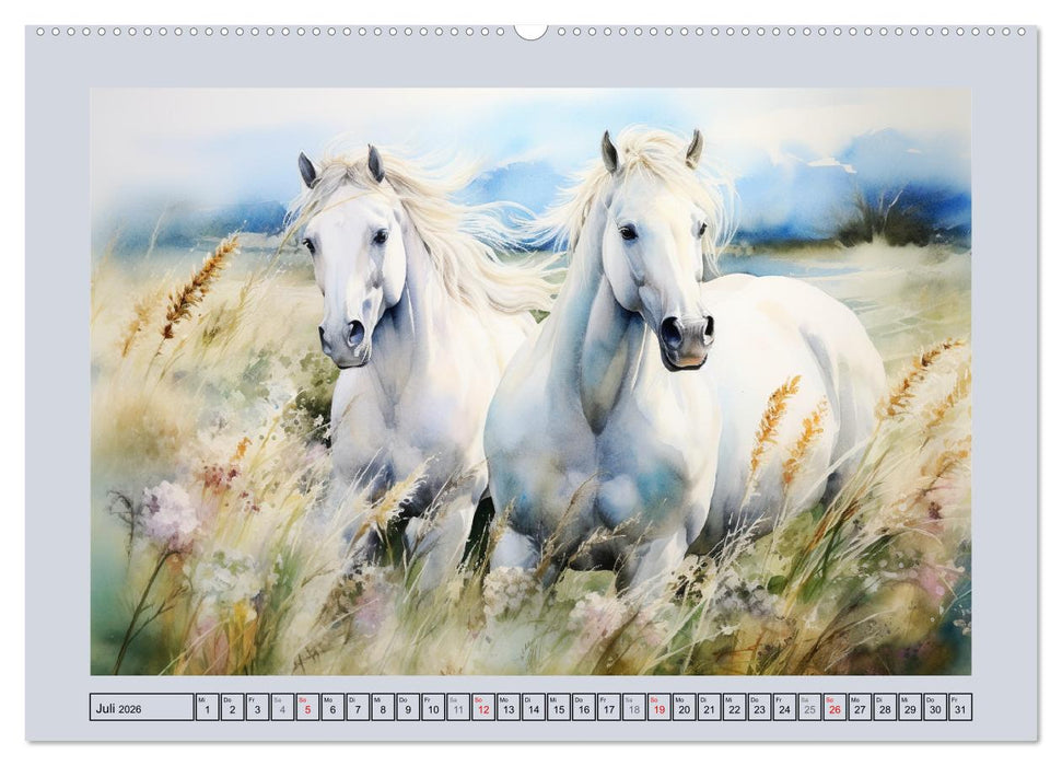 Anmutige Schimmel. Ästhetik weißer Aquarell-Pferde (CALVENDO Premium Wandkalender 2026)