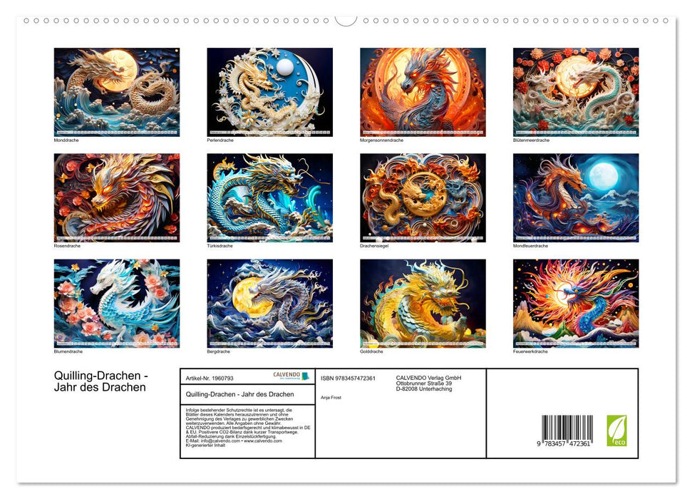 Quilling-Drachen - Jahr des Drachen (CALVENDO Premium Wandkalender 2026)