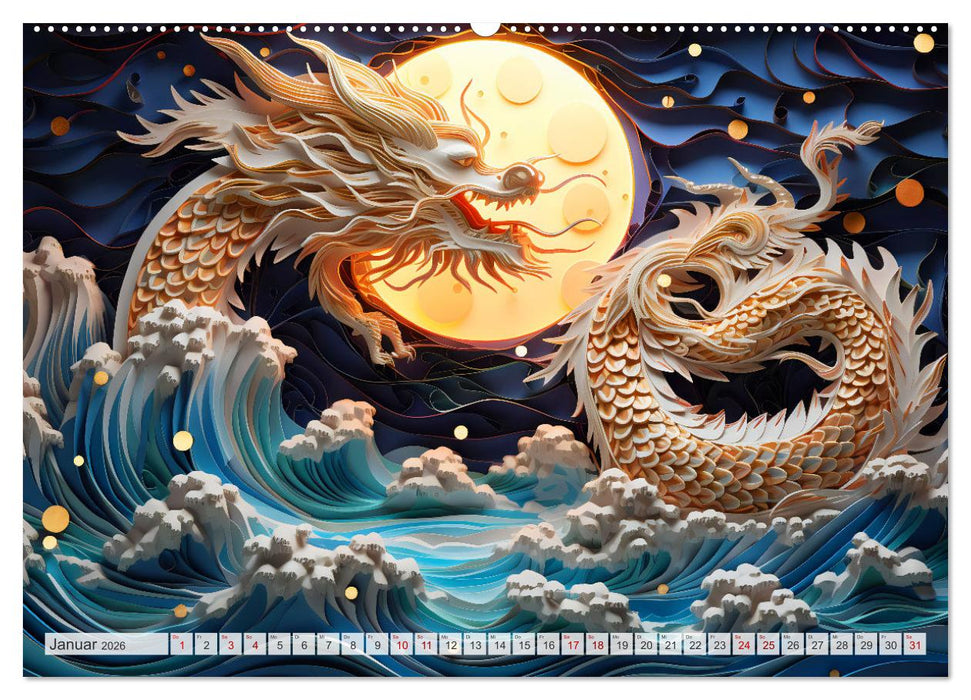 Quilling-Drachen - Jahr des Drachen (CALVENDO Premium Wandkalender 2026)