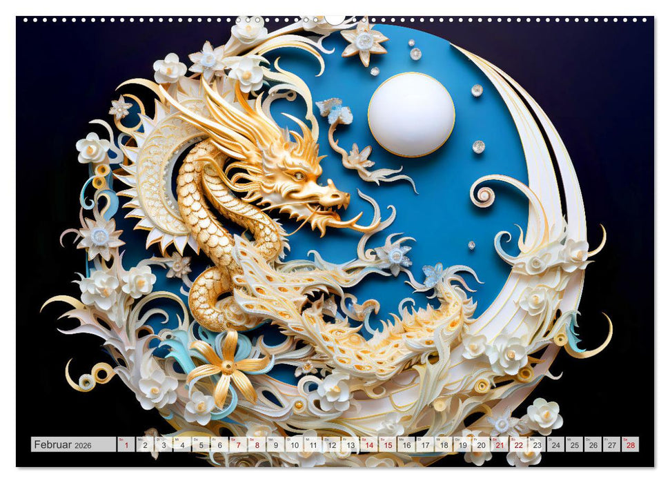 Quilling-Drachen - Jahr des Drachen (CALVENDO Premium Wandkalender 2026)
