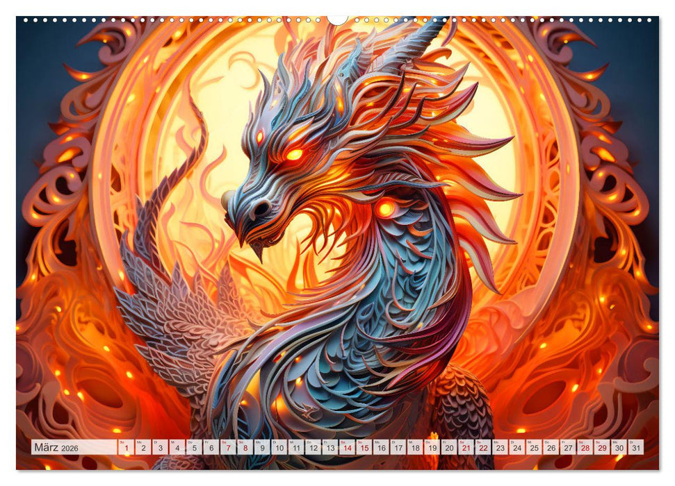 Quilling-Drachen - Jahr des Drachen (CALVENDO Premium Wandkalender 2026)