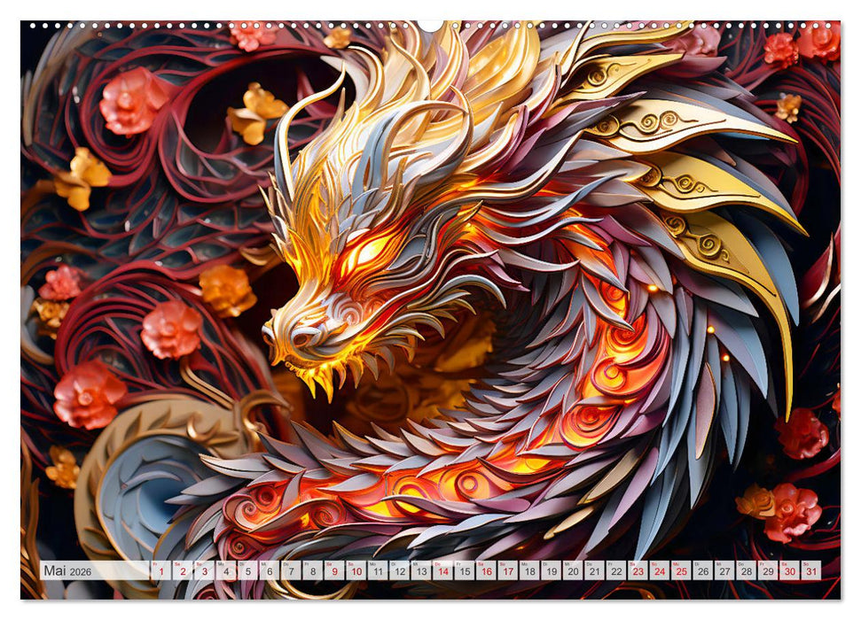 Quilling-Drachen - Jahr des Drachen (CALVENDO Premium Wandkalender 2026)