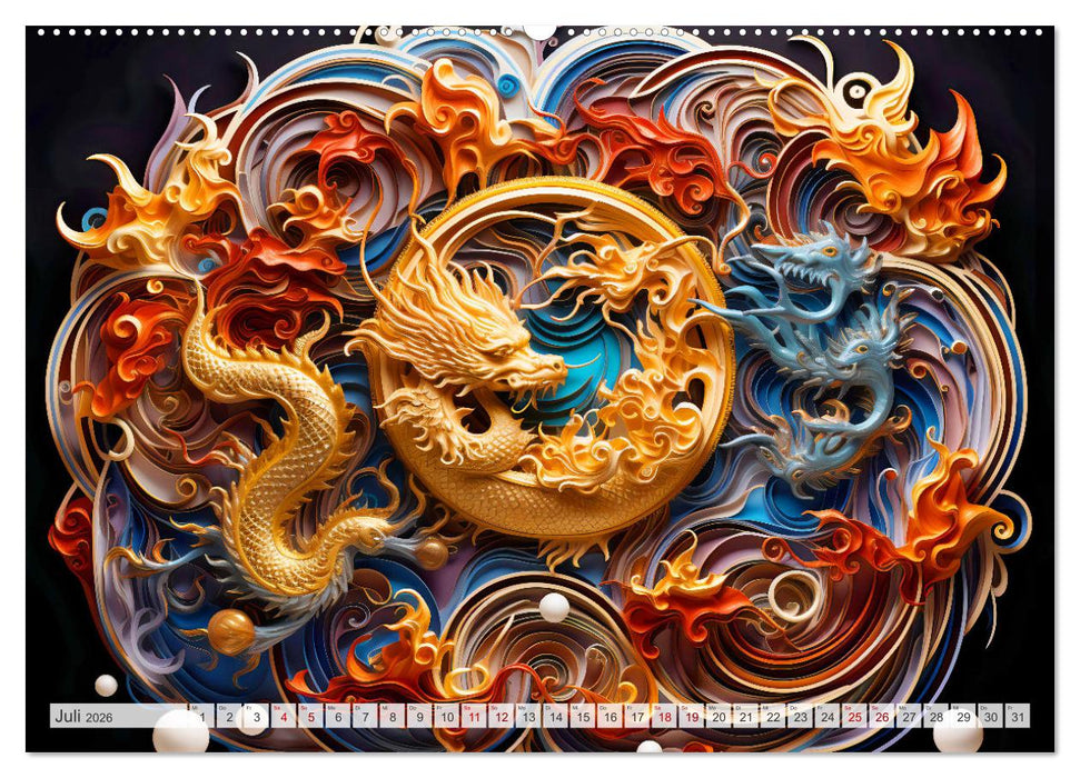 Quilling-Drachen - Jahr des Drachen (CALVENDO Premium Wandkalender 2026)