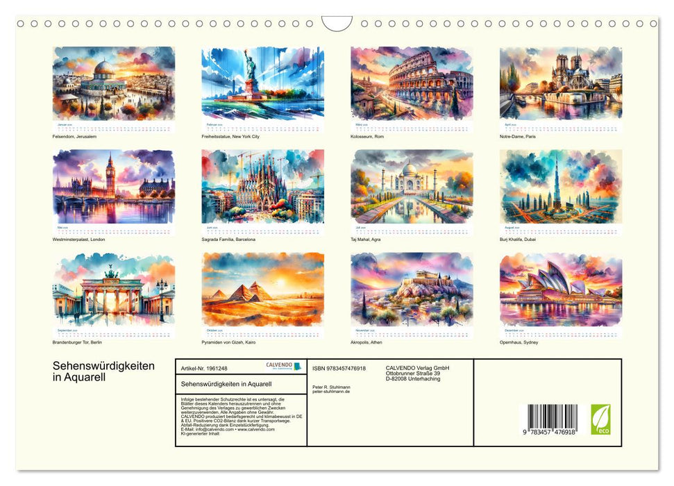Sehenswürdigkeiten in Aquarell (CALVENDO Wandkalender 2026)
