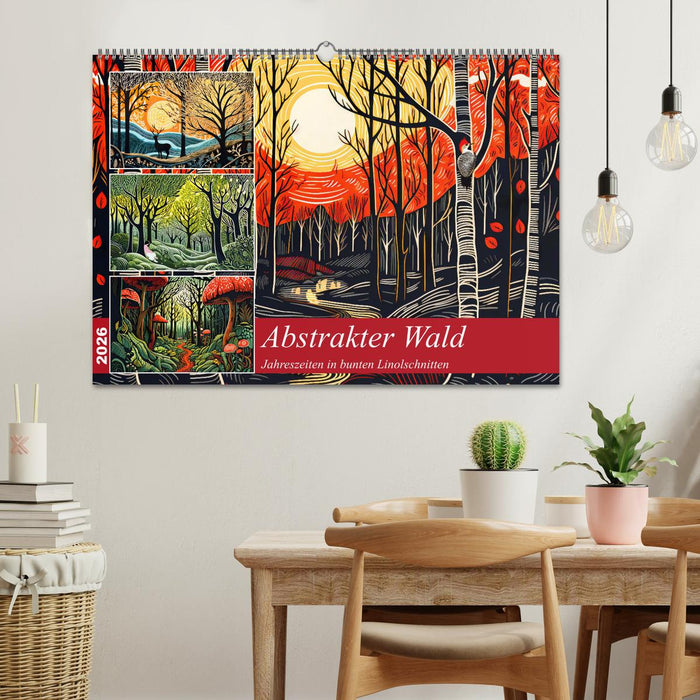 Abstrakter Wald - Jahreszeiten in bunten Linolschnitten (CALVENDO Wandkalender 2026)