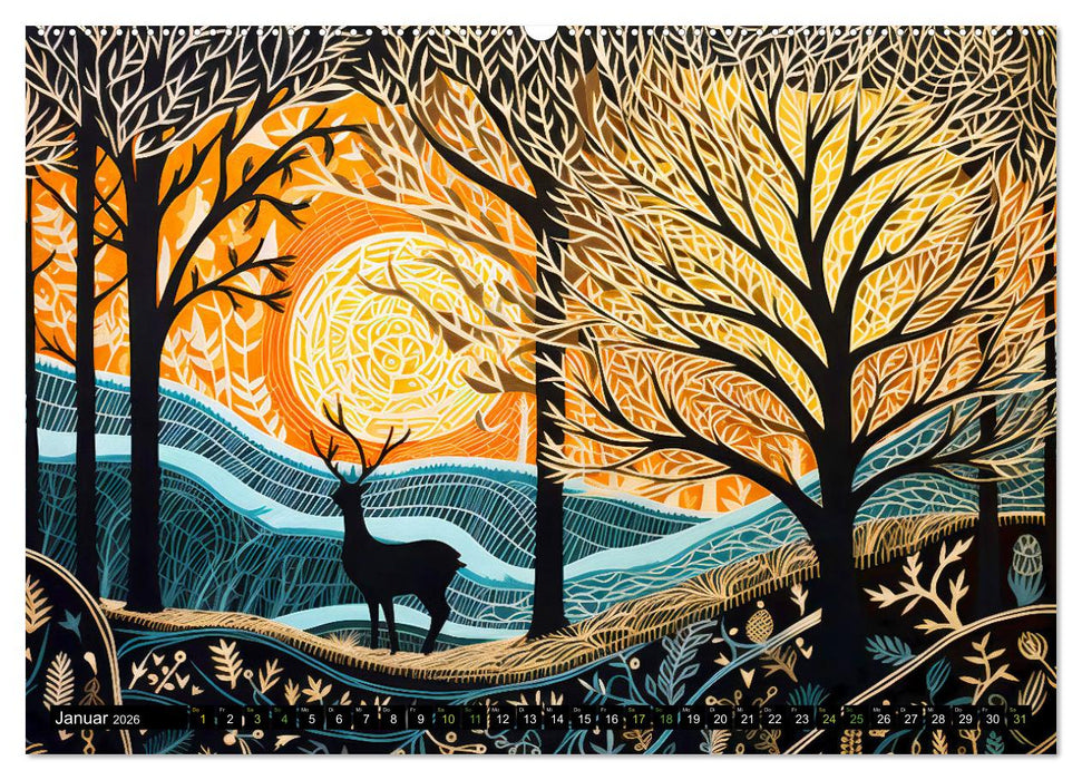 Abstrakter Wald - Jahreszeiten in bunten Linolschnitten (CALVENDO Wandkalender 2026)