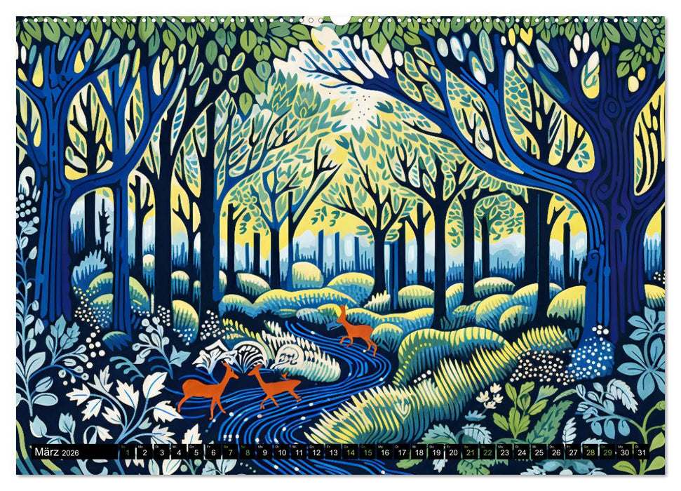 Abstrakter Wald - Jahreszeiten in bunten Linolschnitten (CALVENDO Wandkalender 2026)