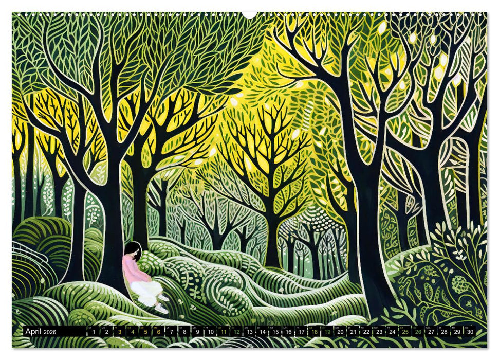 Abstrakter Wald - Jahreszeiten in bunten Linolschnitten (CALVENDO Wandkalender 2026)