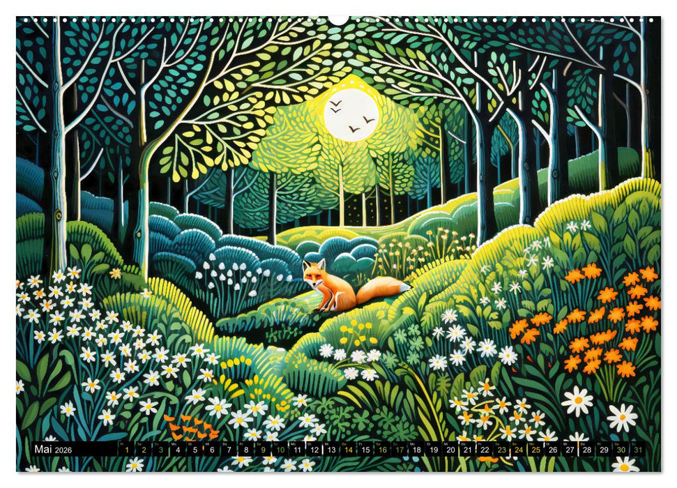 Abstrakter Wald - Jahreszeiten in bunten Linolschnitten (CALVENDO Wandkalender 2026)