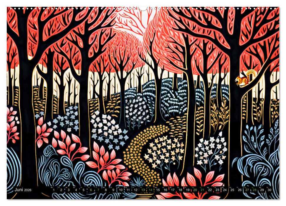 Abstrakter Wald - Jahreszeiten in bunten Linolschnitten (CALVENDO Wandkalender 2026)
