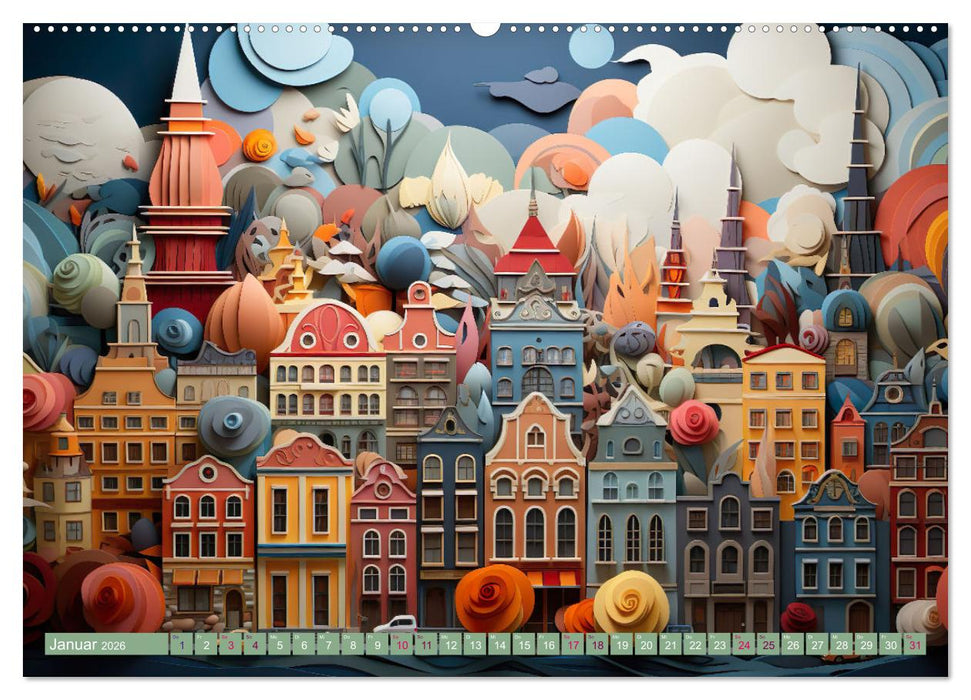 Papierschicktkunst - farbenfohe Städte (CALVENDO Wandkalender 2026)