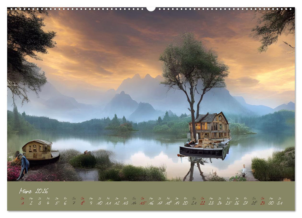 Romantische Fantasy Hausboote Magische Stimmungen in der Dämmerung (CALVENDO Wandkalender 2026)