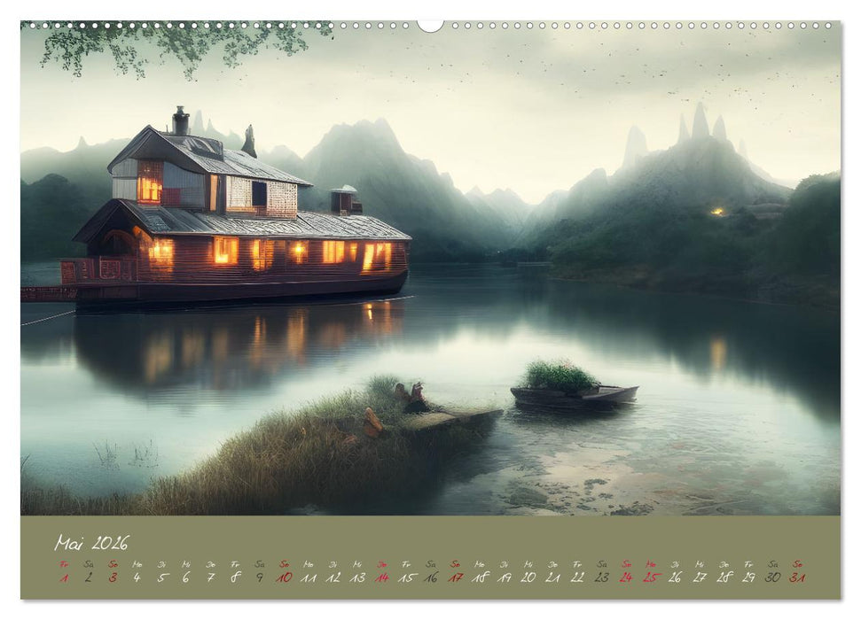 Romantische Fantasy Hausboote Magische Stimmungen in der Dämmerung (CALVENDO Premium Wandkalender 2026)